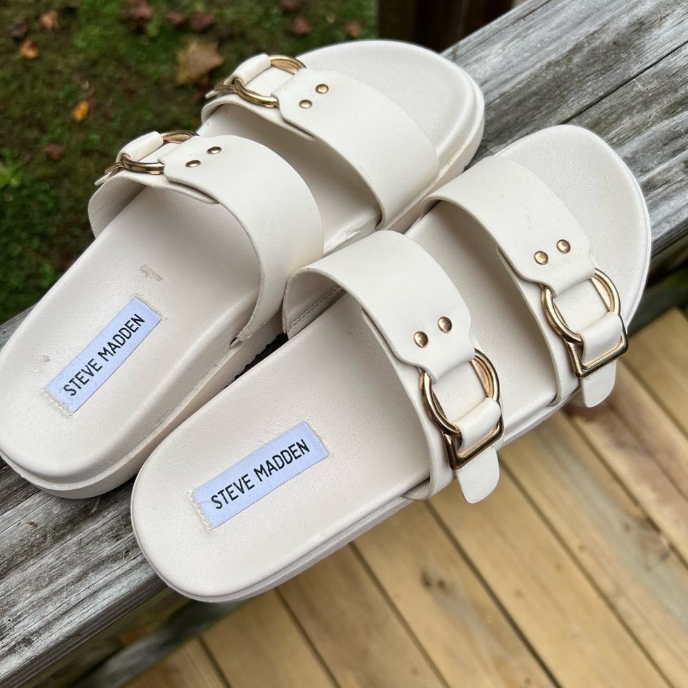 Steve Madden Cream Slides with Gold Accents